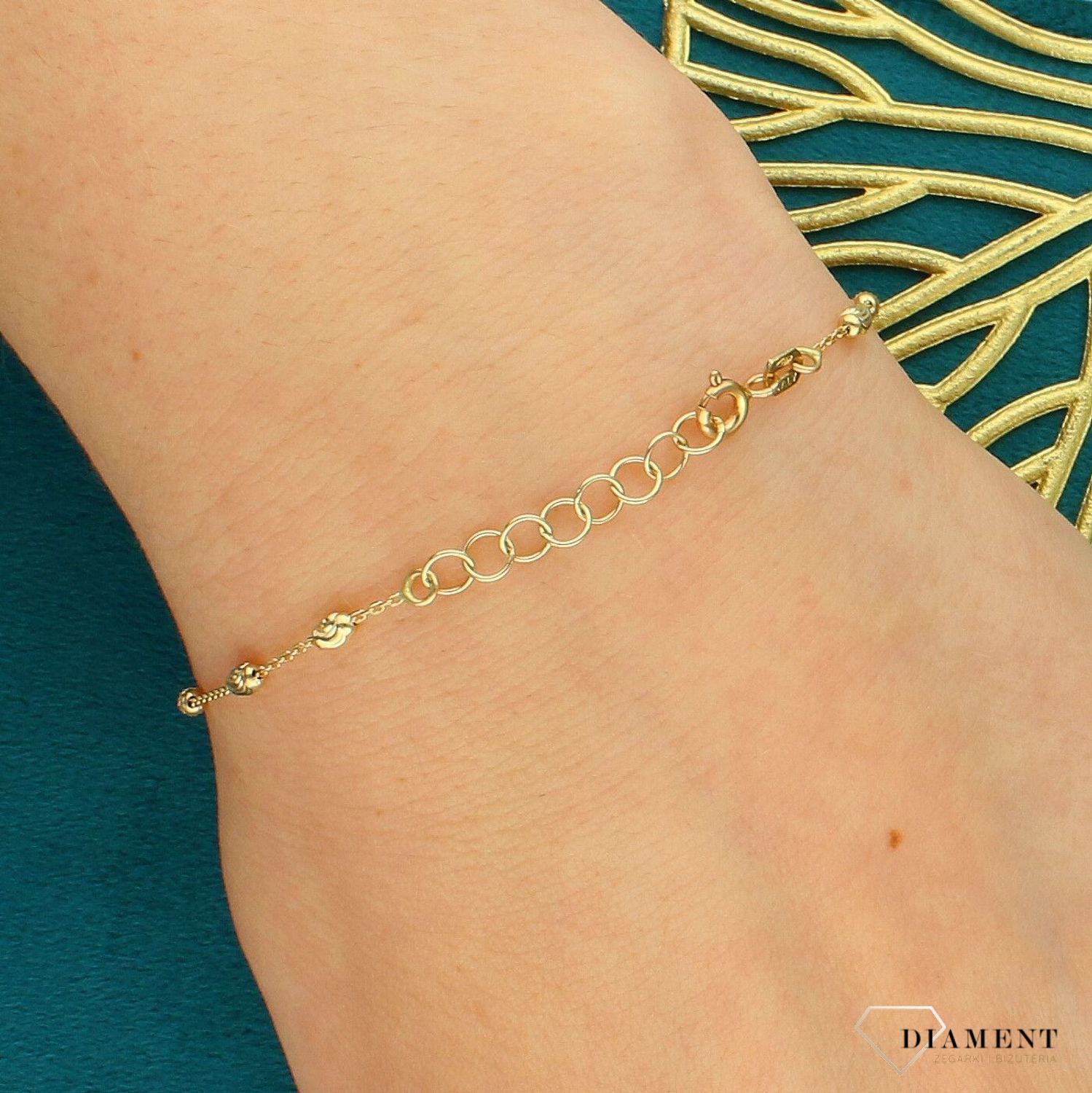 Złota bransoletka 585 diamentowana owalne elementy – regulowana 17 cm + 2,5 cm.jpg