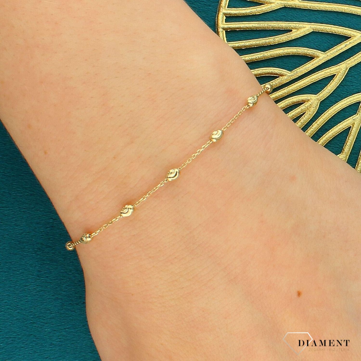 Złota bransoletka 585 diamentowana owalne elementy – regulowana 17 cm + 2,5 cm.jpg