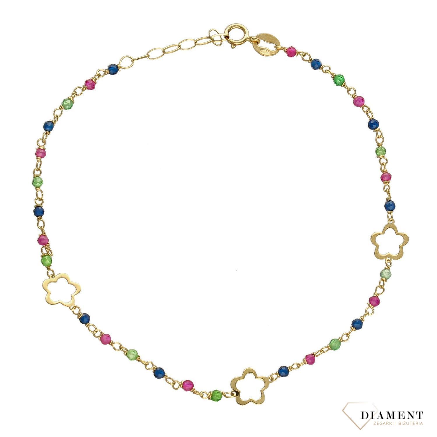 Złota bransoletka 585 trzy kwiatki, kolorowe koraliki DIA-BRA-1720-555.jpg