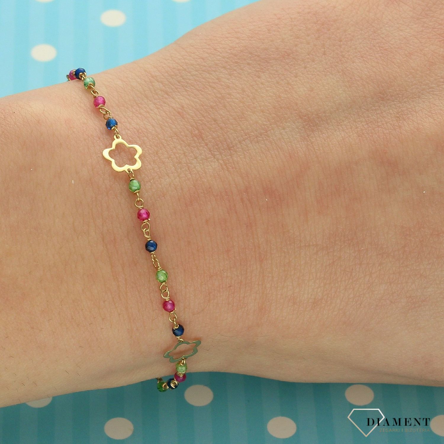 Złota bransoletka próby 585 kolorowe koraliki.jpg