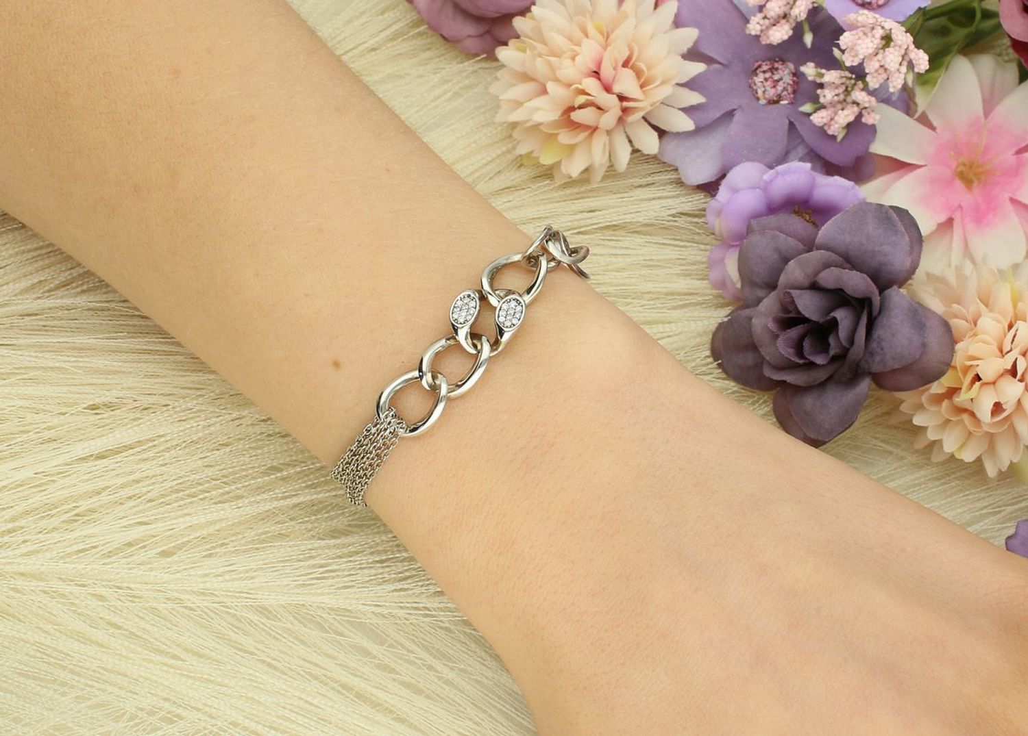 Bransoletka damska srebrna próba 925, dwa sploty DIA-BRA-2287-925 Bransoletka damska wykonana z wysokiej jakości srebra próby 925, model z dwoma splotami 1.jpg