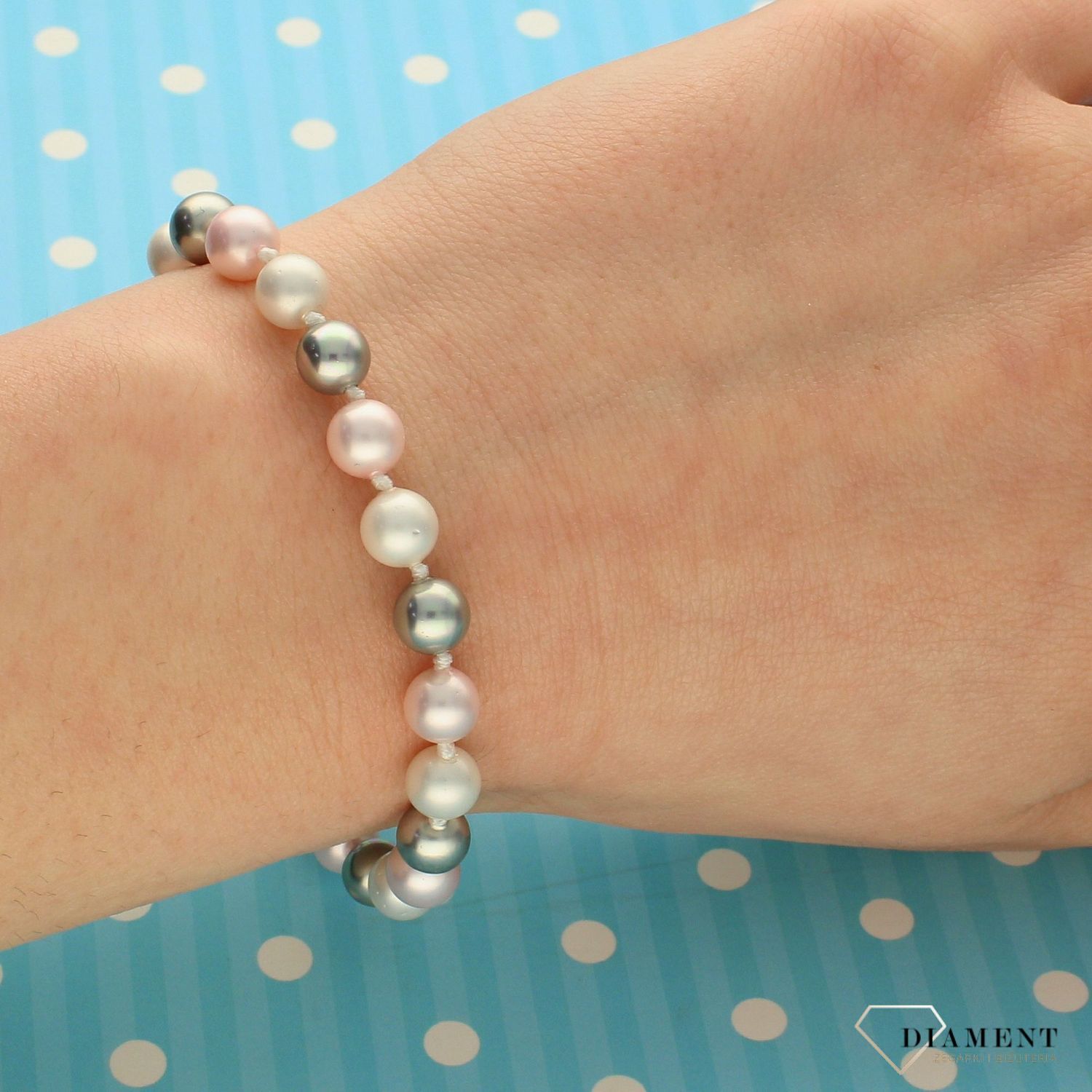 Bransoletka damska z perłopławami małe kuleczki różowy, biały, szary DIA-BRA-2369-925.jpg