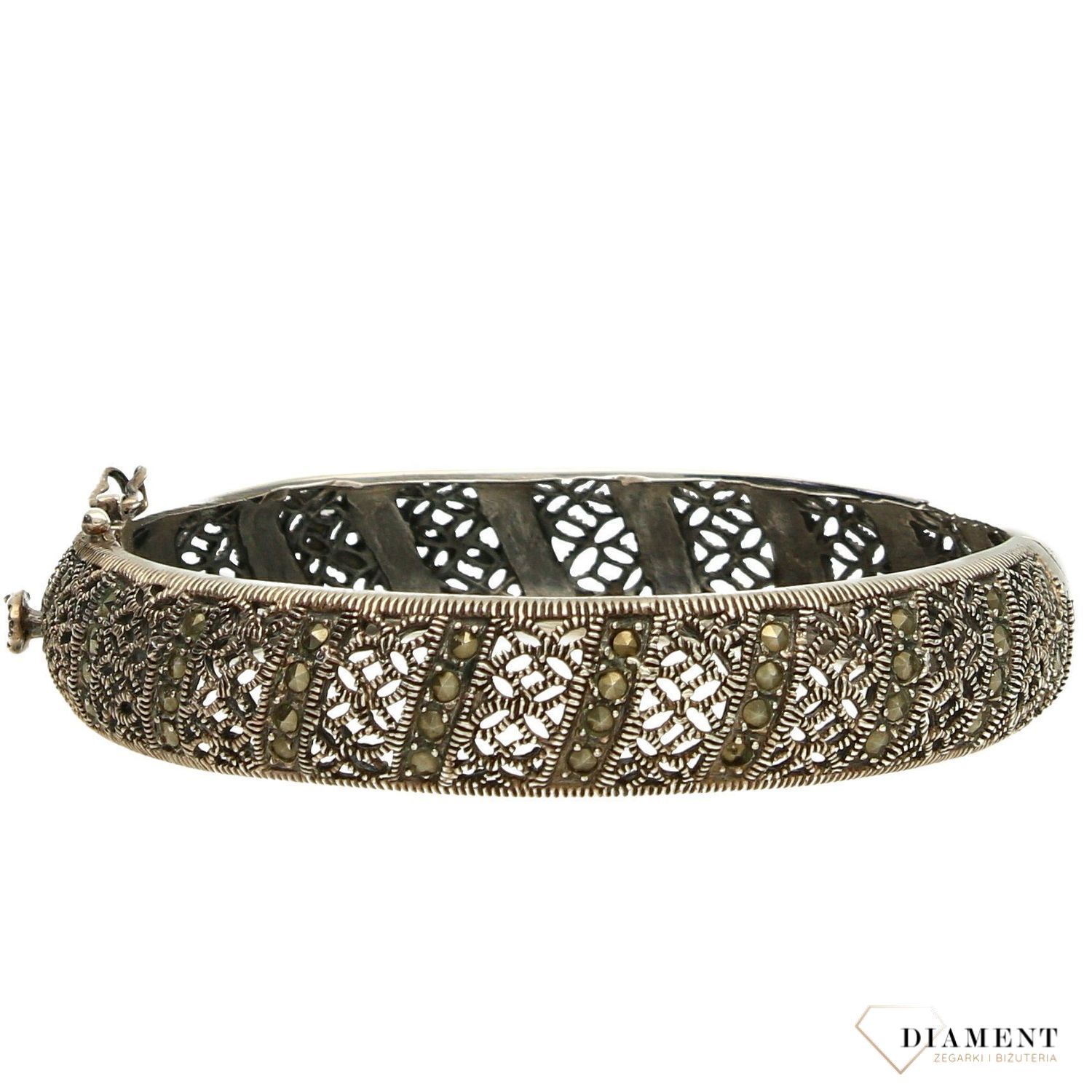 Bransoletka damska srebrna z markazytami DIA-BRA-2500-925. Bransoletka sztywna srebra z markazytami. Bransoletka została ozdobiona markazytami. Idealny pomysł na prezent dla egeanckiej kobiety..jpg