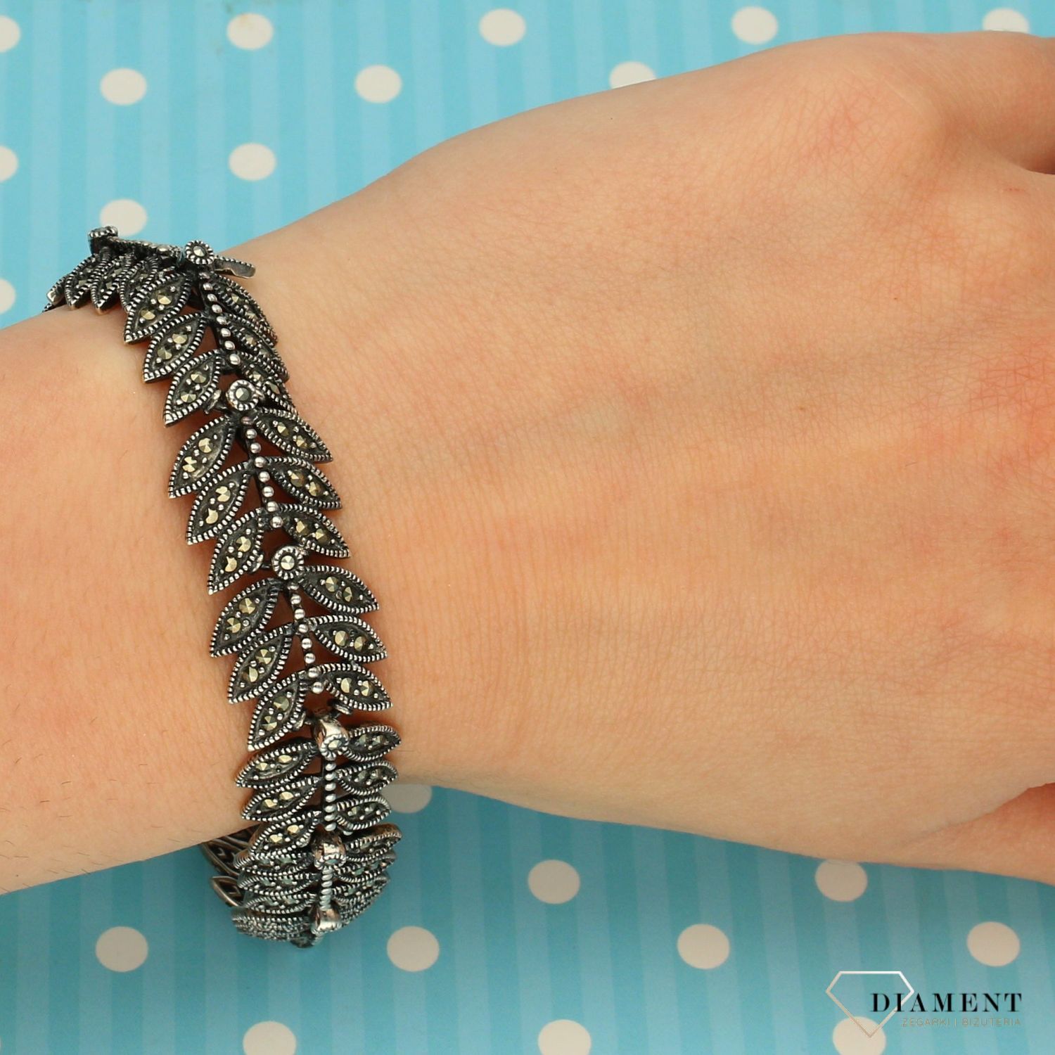 Srebrna bransoletka liście z markasytami  (1).jpg