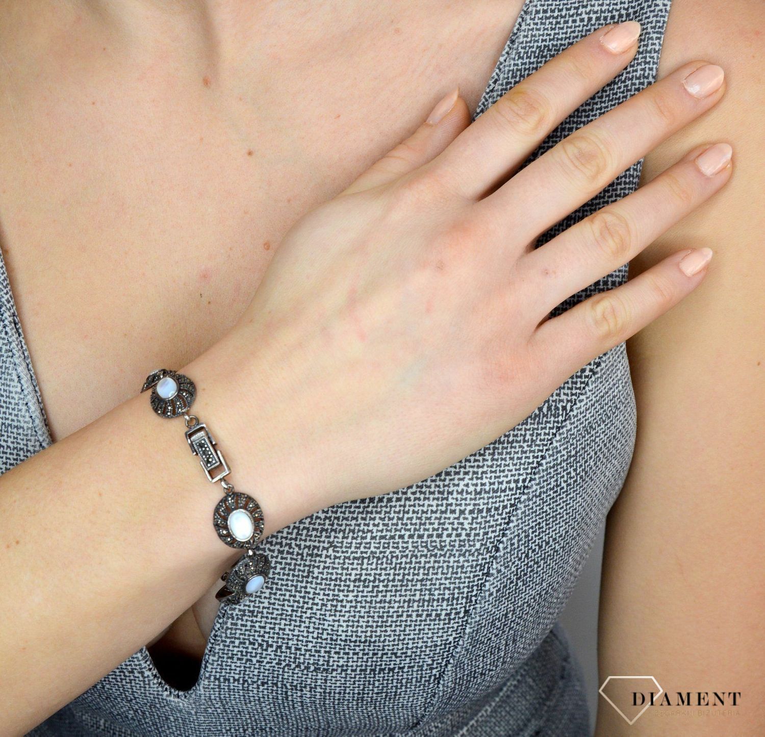 Bransoletka srebrna z markazytami i masą perłową DIA-BRA-2513-92511.jpg