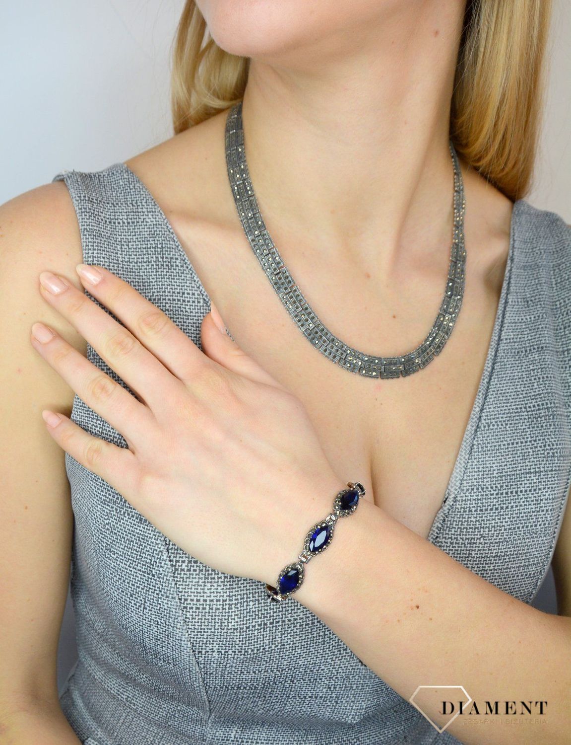 Bransoletka srebrna z markazytami i granatowymi cyrkoniami DIA-BRA-2514-925.jpg