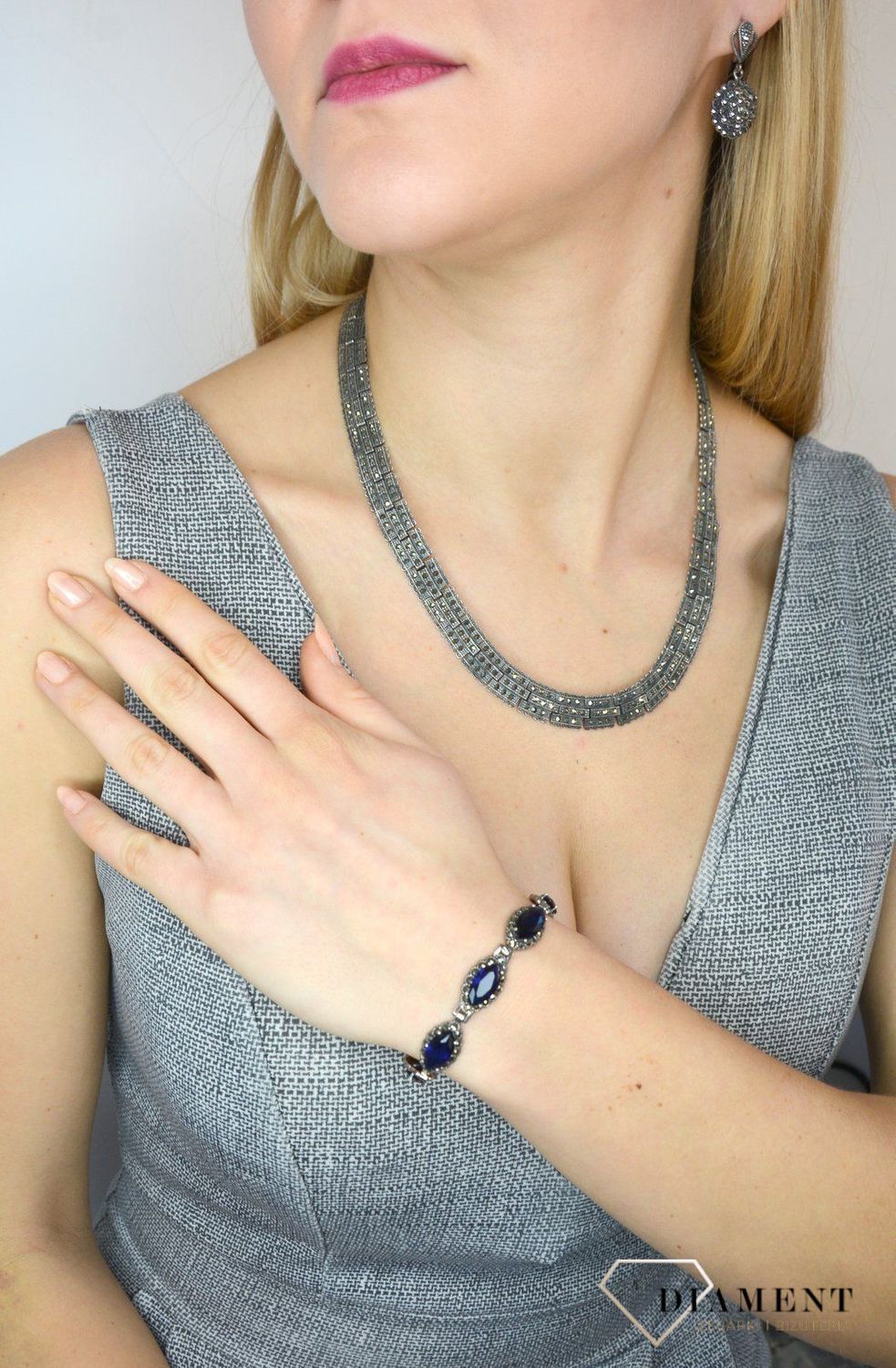 Bransoletka srebrna z markazytami i granatowymi cyrkoniami DIA-BRA-2514-925.jpg