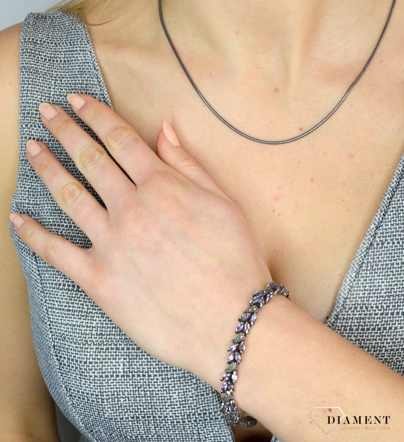 Bransoletka srebrna z markazytami i fioletowymi cyrkoniamii DIA-BRA-2516-925.jpg