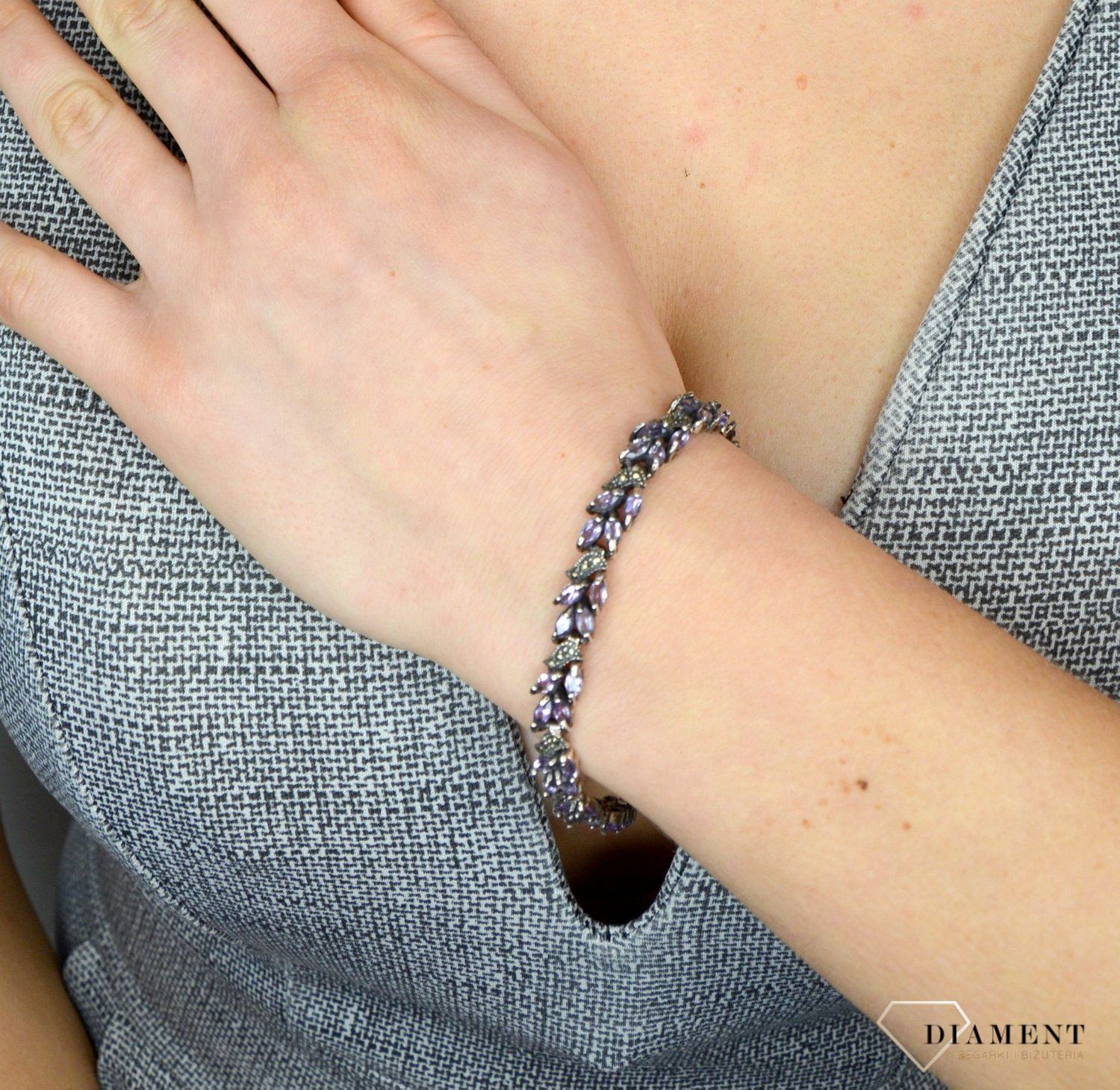 Bransoletka srebrna z markazytami i fioletowymi cyrkoniamii DIA-BRA-2516-925.jpg