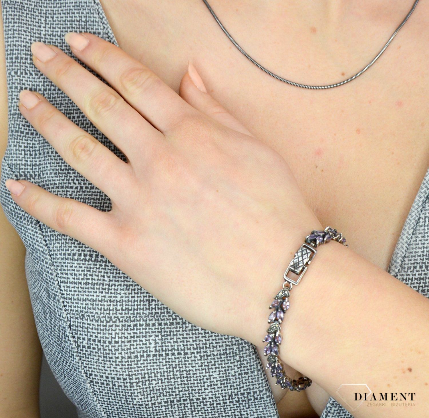 Bransoletka srebrna z markazytami i fioletowymi cyrkoniamii DIA-BRA-2516-925.jpg
