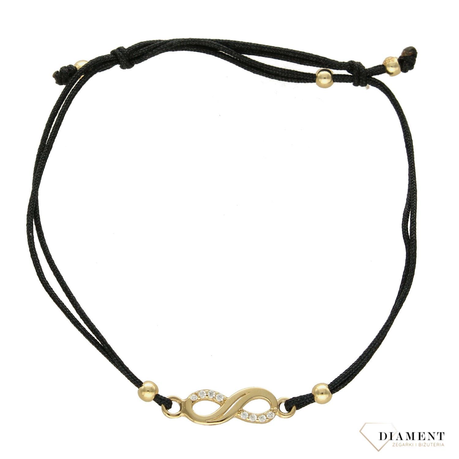 Złota bransoletka na czarnym sznurku ze znakiem nieskończoności DIA-BRA-2726-585.jpg