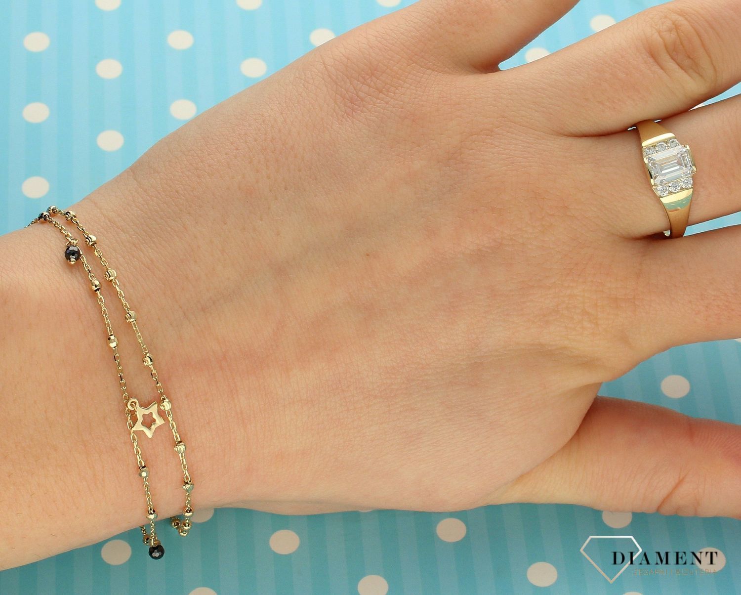 Złota bransoletka próby 585 wiszące gwiazdki i koraliki DIA-BRA-2760-585.jpg