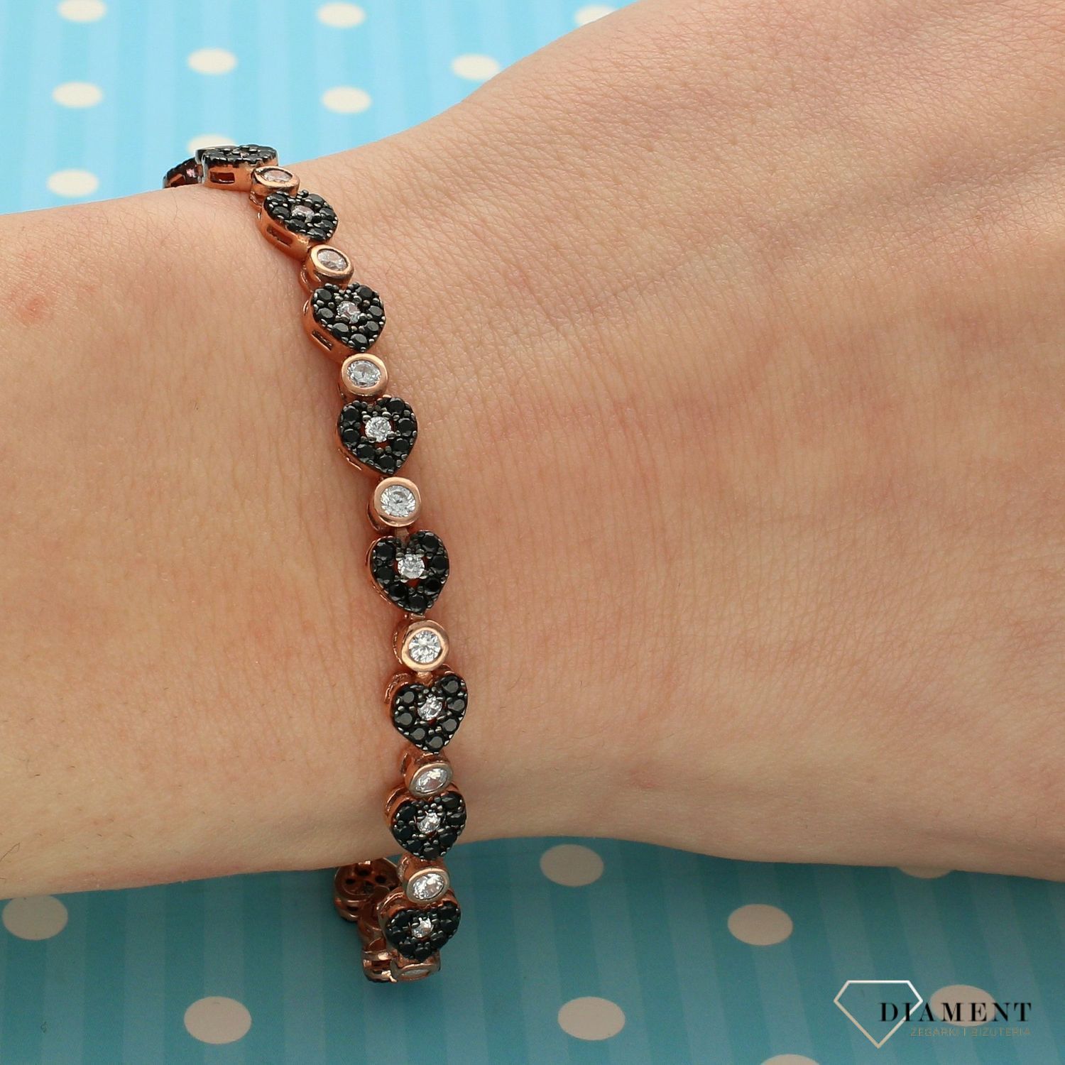 Bransoletka srebrna pozłacana różowym złotym z czarnymi cyrkoniami DIA-BRA-2832-925 (1).jpg