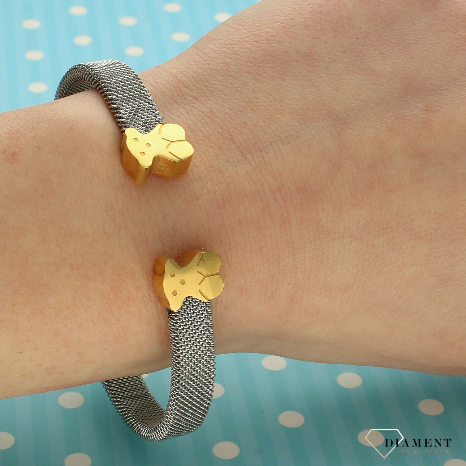 Bransoletka siatkowa sztywna ze złotymi misiami DIA-BRA-2904 (1).jpg
