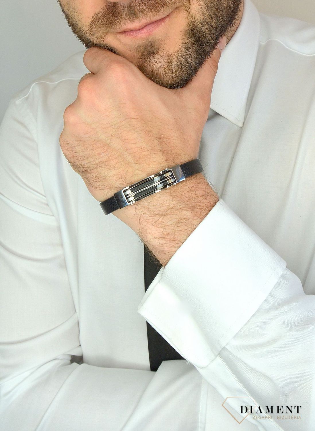Bransoletka męska skórzany pasek z ozdobną blaszką DIA-BRA-3000-STAL.jpg
