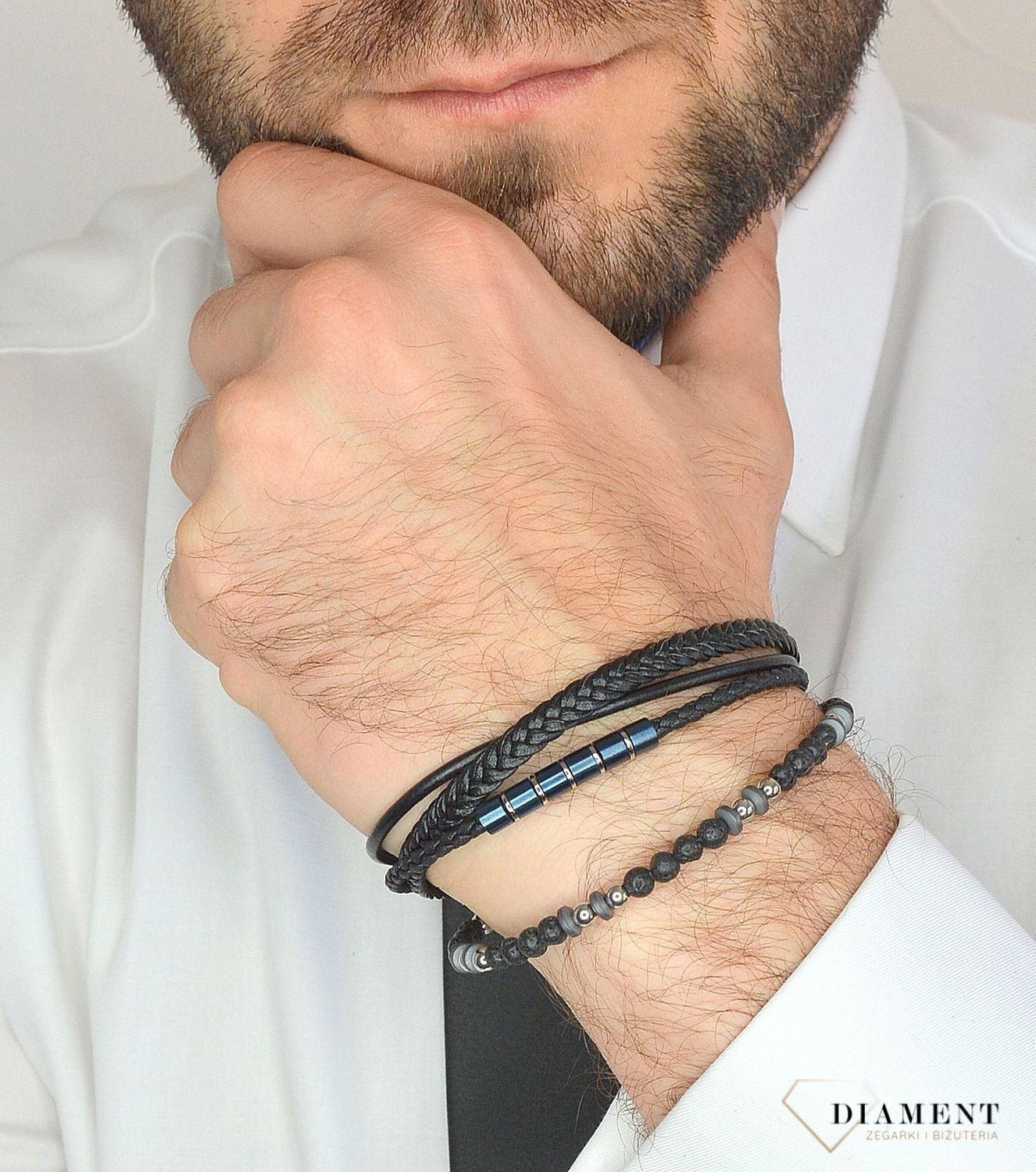 Bransoletka męska skórzana lawa wulkaniczna, stal, skóra DIA-BRA-3001-STAL.jpg