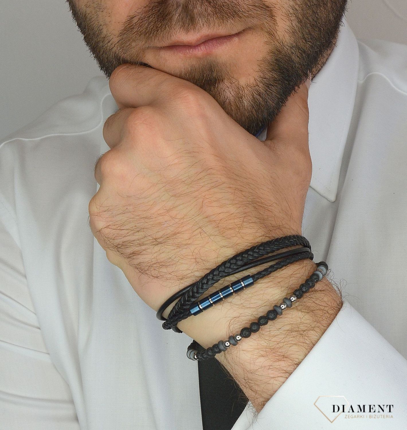 Bransoletka męska skórzana lawa wulkaniczna, stal, skóra DIA-BRA-3001-STAL.jpg