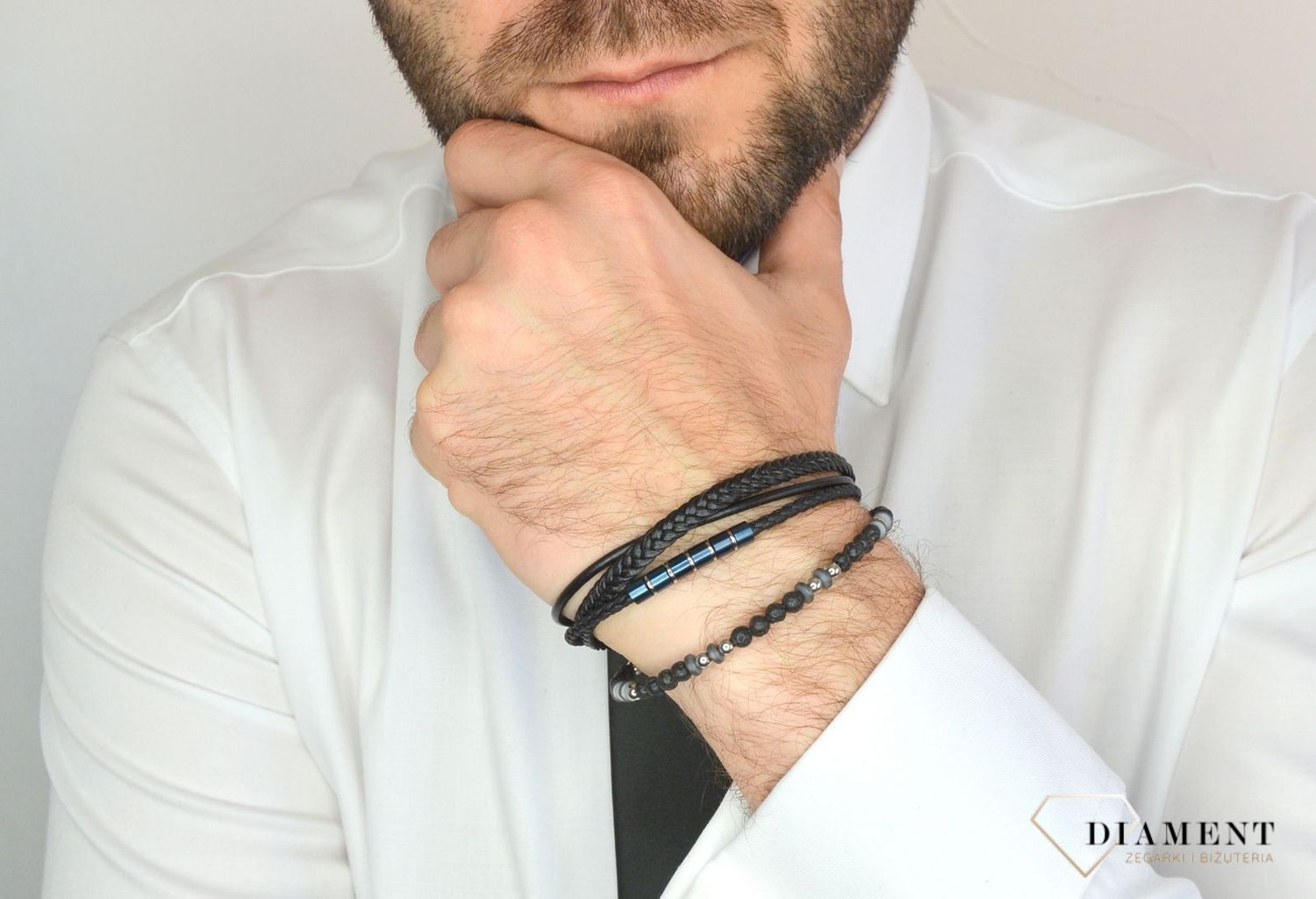 Bransoletka męska skórzana lawa wulkaniczna, stal, skóra DIA-BRA-3001-STAL.jpg