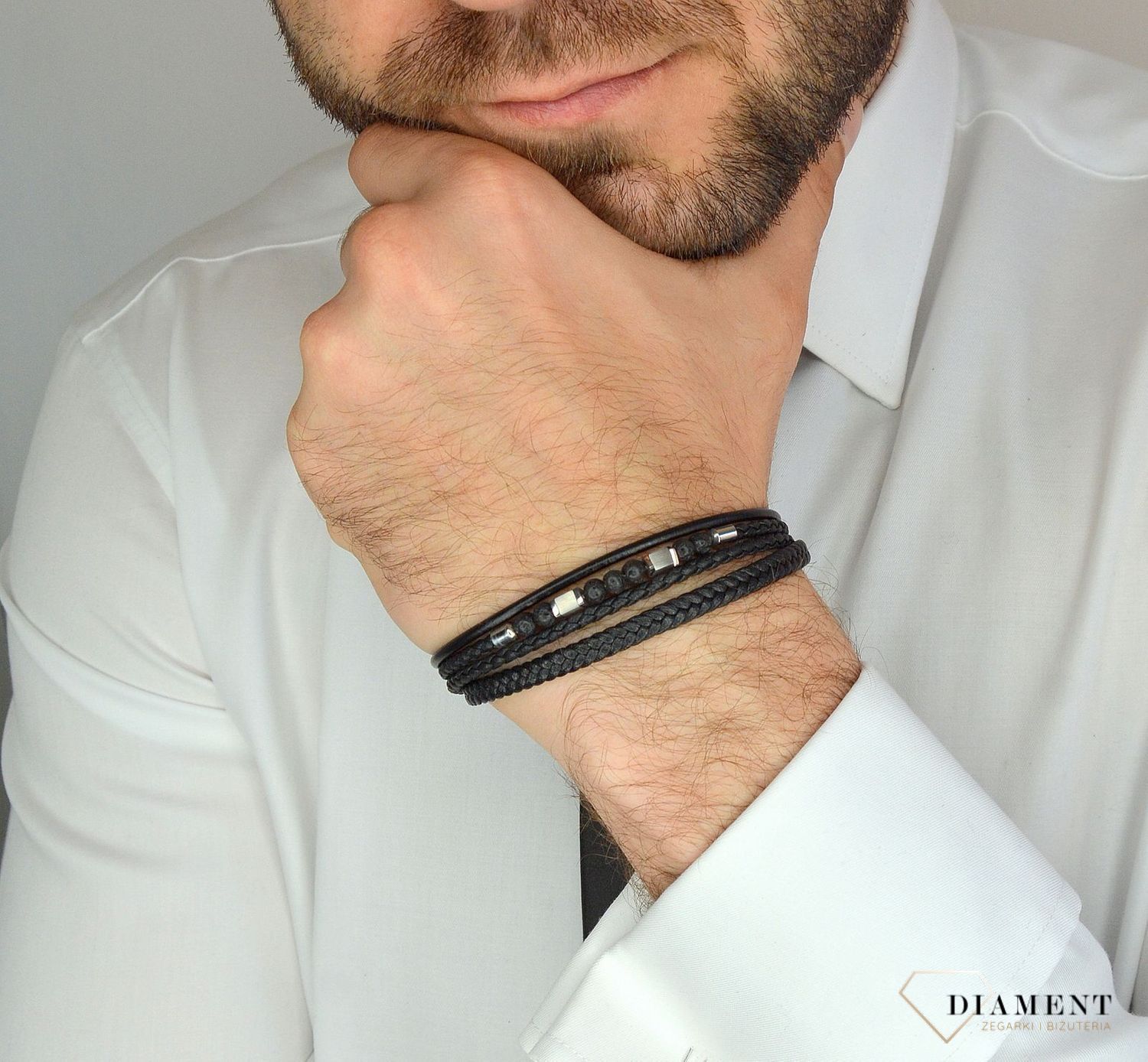 Bransoletka męska skórzana z koralikami lawy wulkanicznej DIA-BRA-3002-STAL.jpg