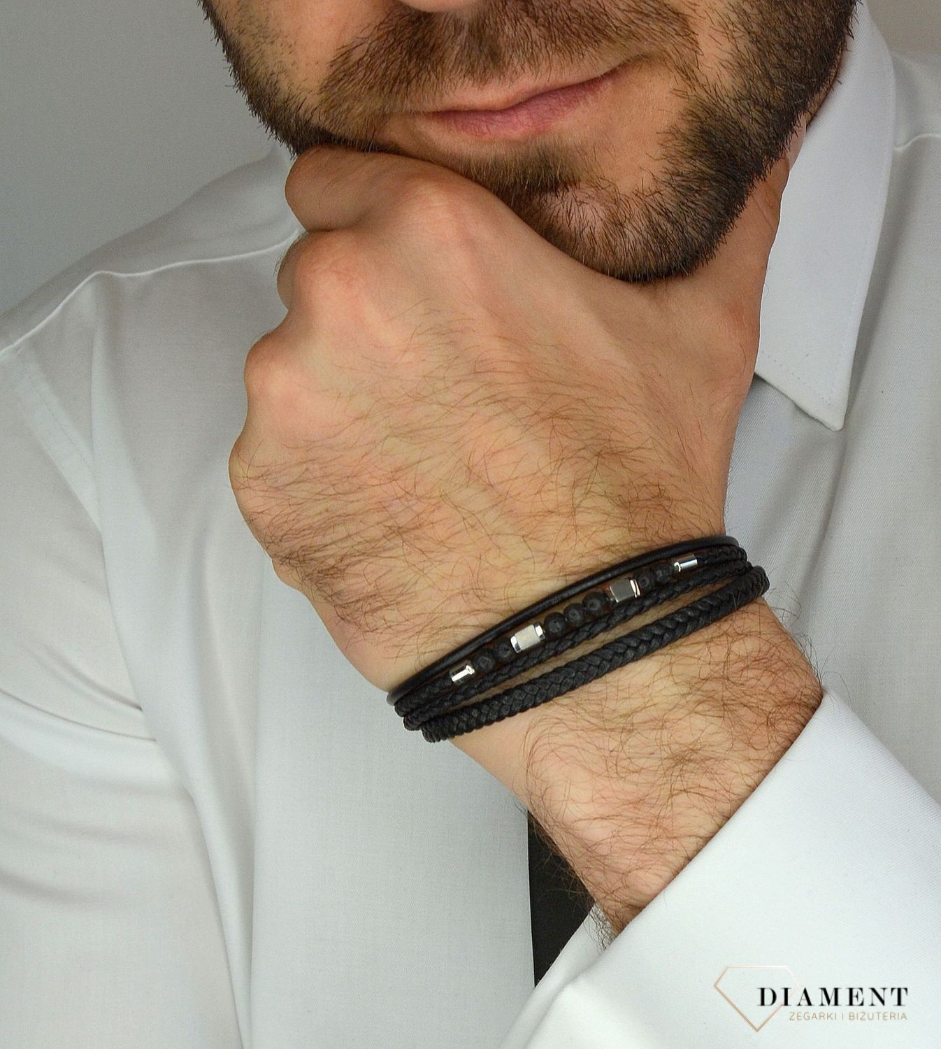 Bransoletka męska skórzana z koralikami lawy wulkanicznej DIA-BRA-3002-STAL.jpg