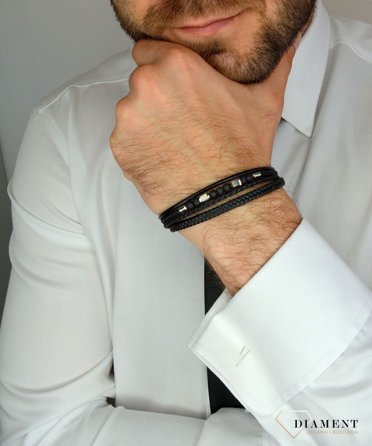 Bransoletka męska skórzana z koralikami lawy wulkanicznej DIA-BRA-3002-STAL.jpg