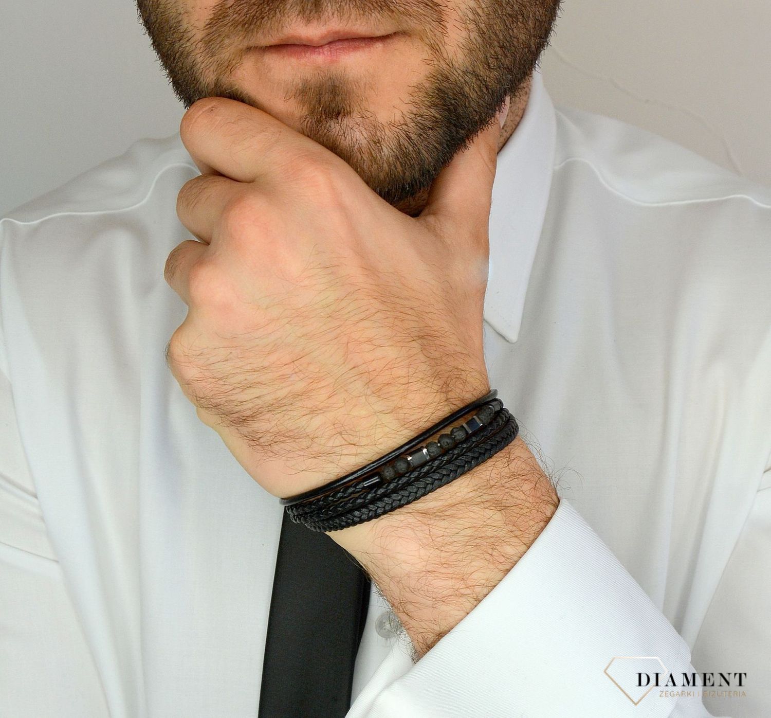 Bransoletka męska skórzana kwadraty z lawą wulkaniczną DIA-BRA-3003-STAL.jpg
