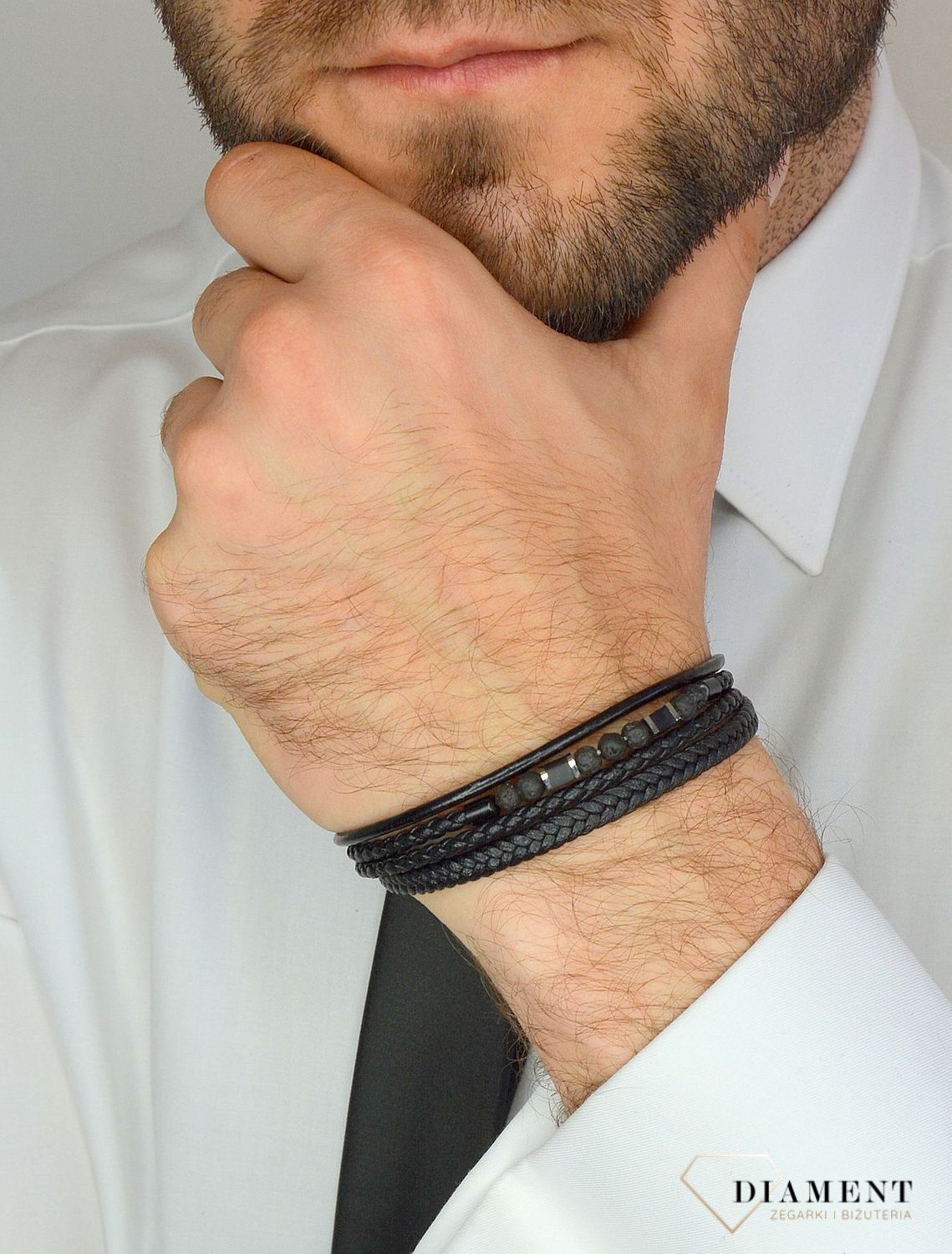 Bransoletka męska skórzana kwadraty z lawą wulkaniczną DIA-BRA-3003-STAL.jpg