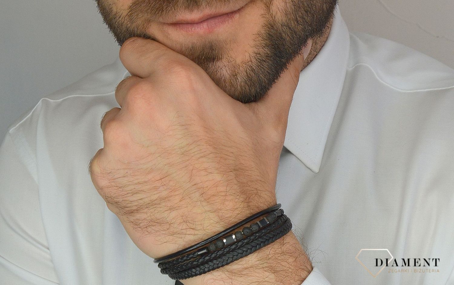 Bransoletka męska skórzana kwadraty z lawą wulkaniczną DIA-BRA-3003-STAL.jpg