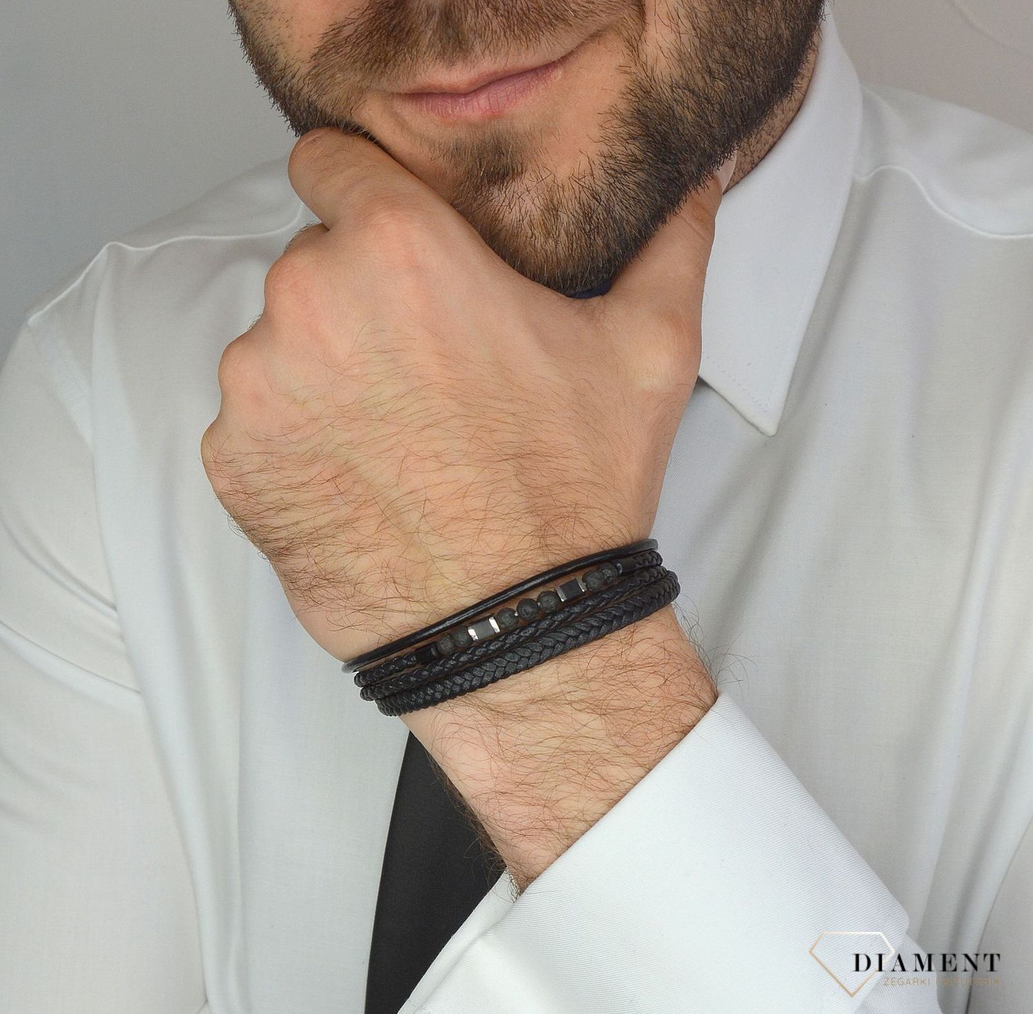 Bransoletka męska skórzana kwadraty z lawą wulkaniczną DIA-BRA-3003-STAL.jpg