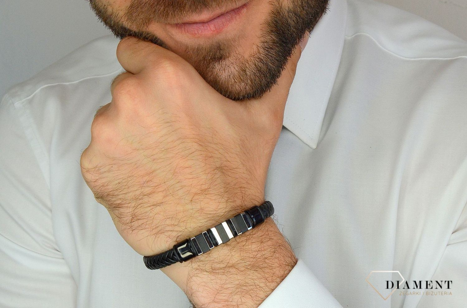 Bransoletka męska skórzana plecionka ze stalowymi elementami DIA-BRA-3005-STAL.jpg