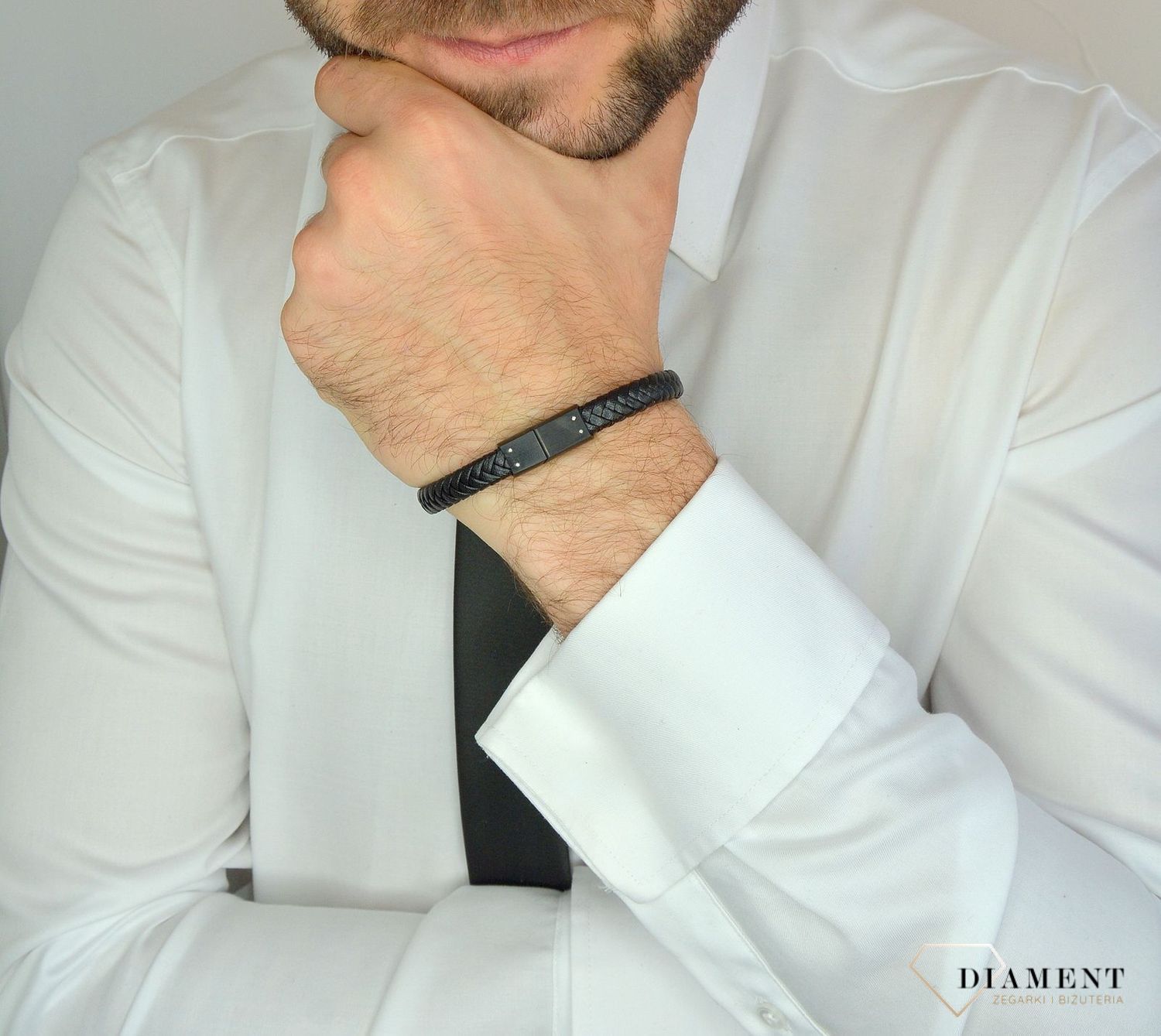 Bransoletka męska skórzana plecionka ze stalowymi elementami DIA-BRA-3005-STAL.jpg