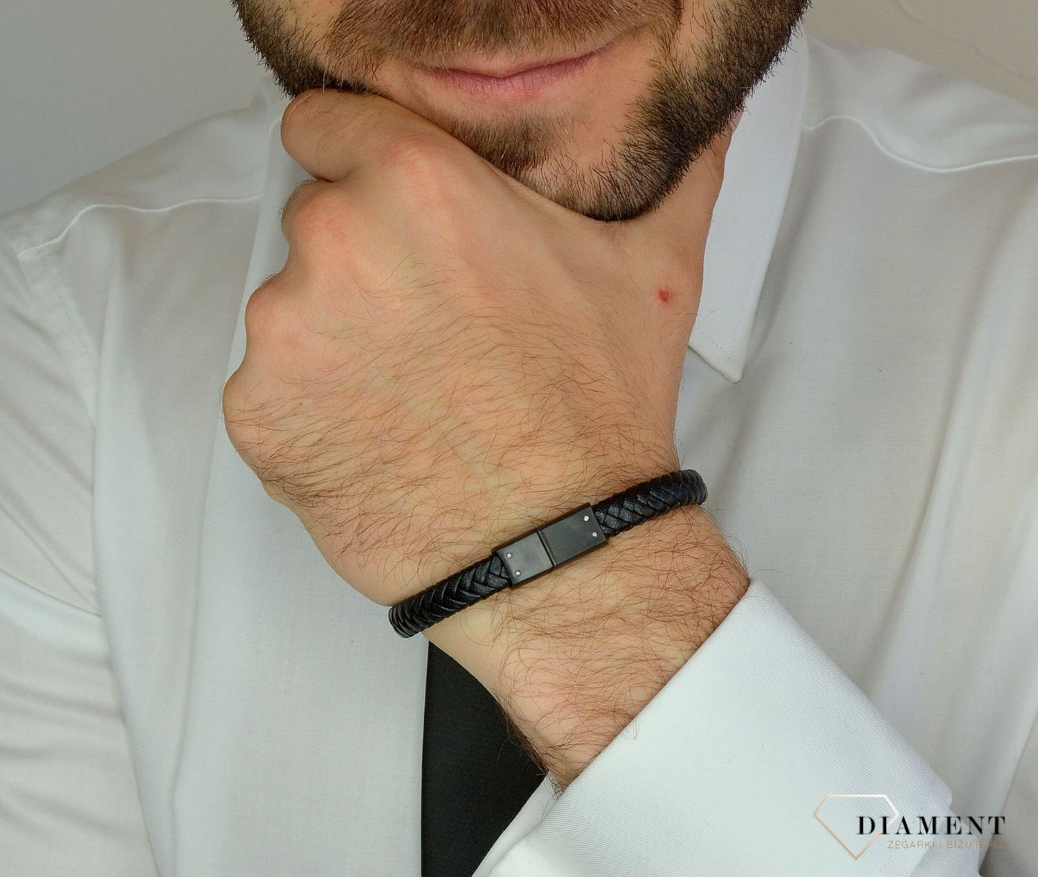 Bransoletka męska skórzana plecionka ze stalowymi elementami DIA-BRA-3005-STAL.jpg