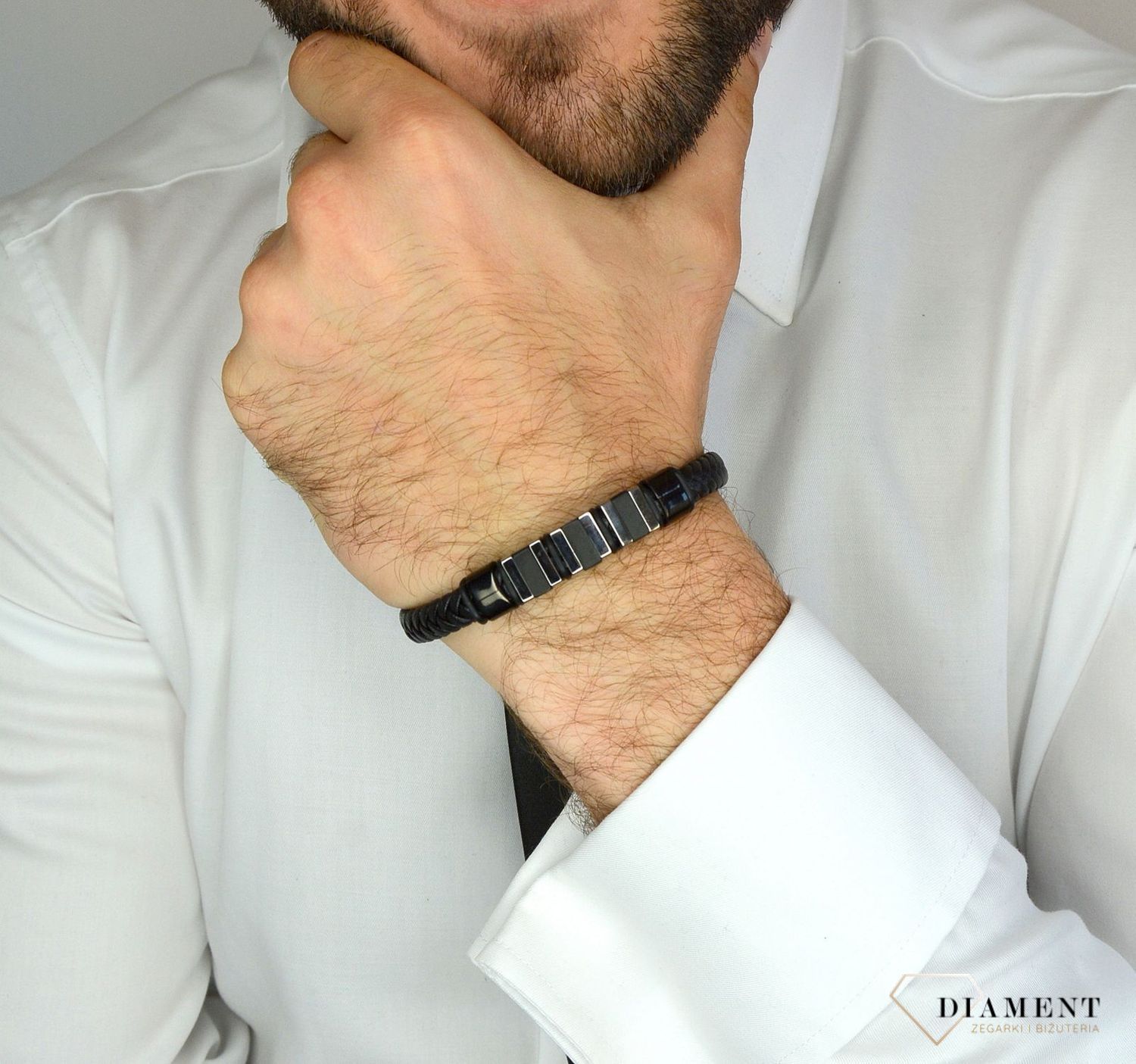 Bransoletka męska skórzana plecionka ze stalowymi elementami DIA-BRA-3005-STAL.jpg