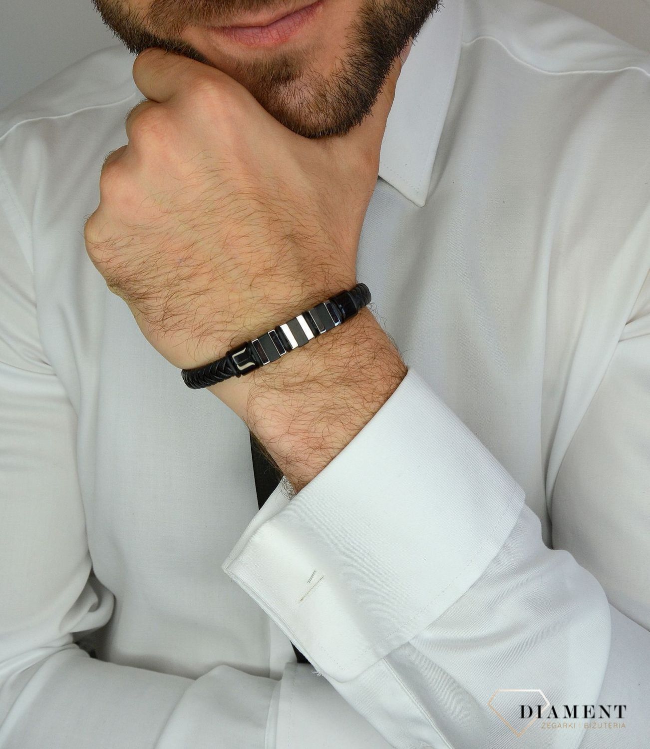 Bransoletka męska skórzana plecionka ze stalowymi elementami DIA-BRA-3005-STAL.jpg