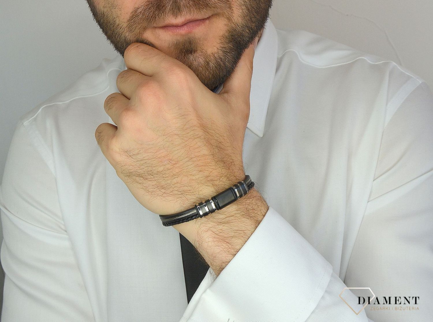 Bransoletka męska czarna ze stalowym elementem DIA-BRA-3006-STAL.jpg