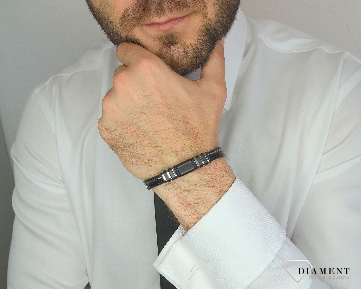 Bransoletka męska czarna ze stalowym elementem DIA-BRA-3006-STAL.jpg