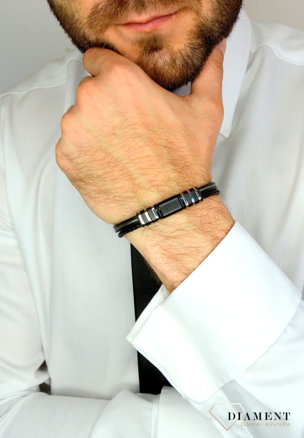 Bransoletka męska czarna ze stalowym elementem DIA-BRA-3006-STAL.jpg