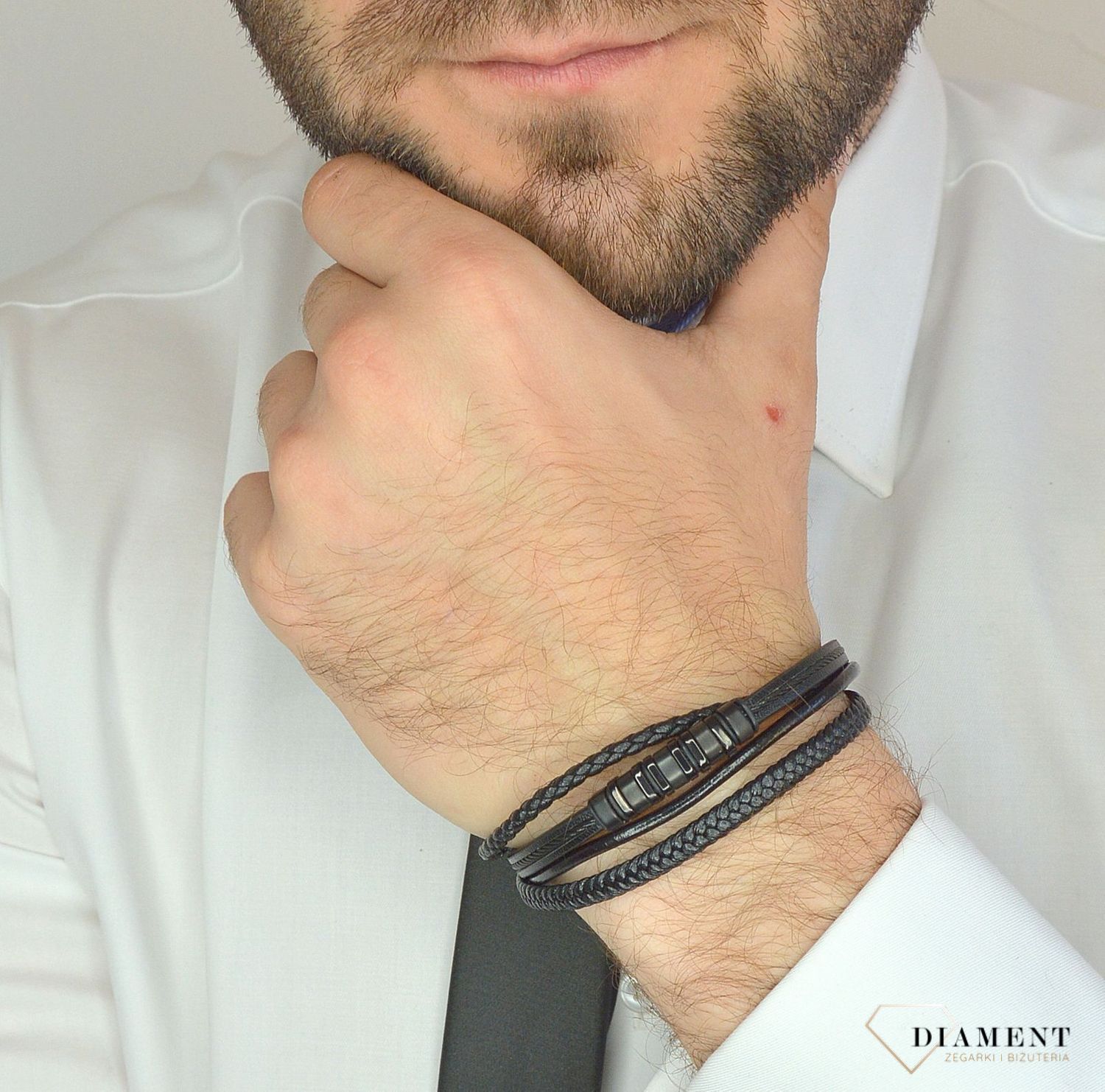 Bransoletka męska skórzana cztery plecionki ze stalą DIA-BRA-3007-STAL.jpg