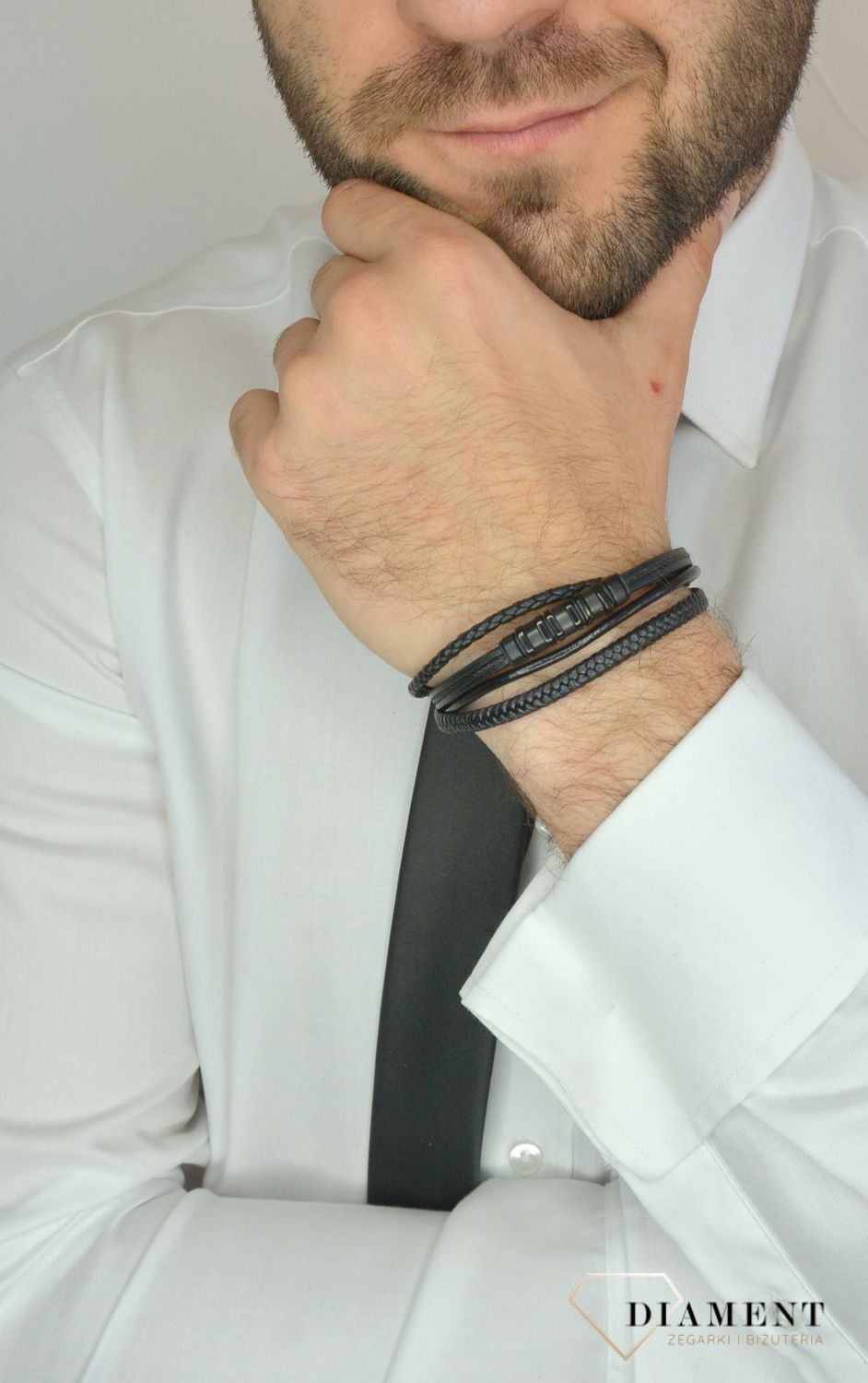 Bransoletka męska skórzana cztery plecionki ze stalą DIA-BRA-3007-STAL.jpg