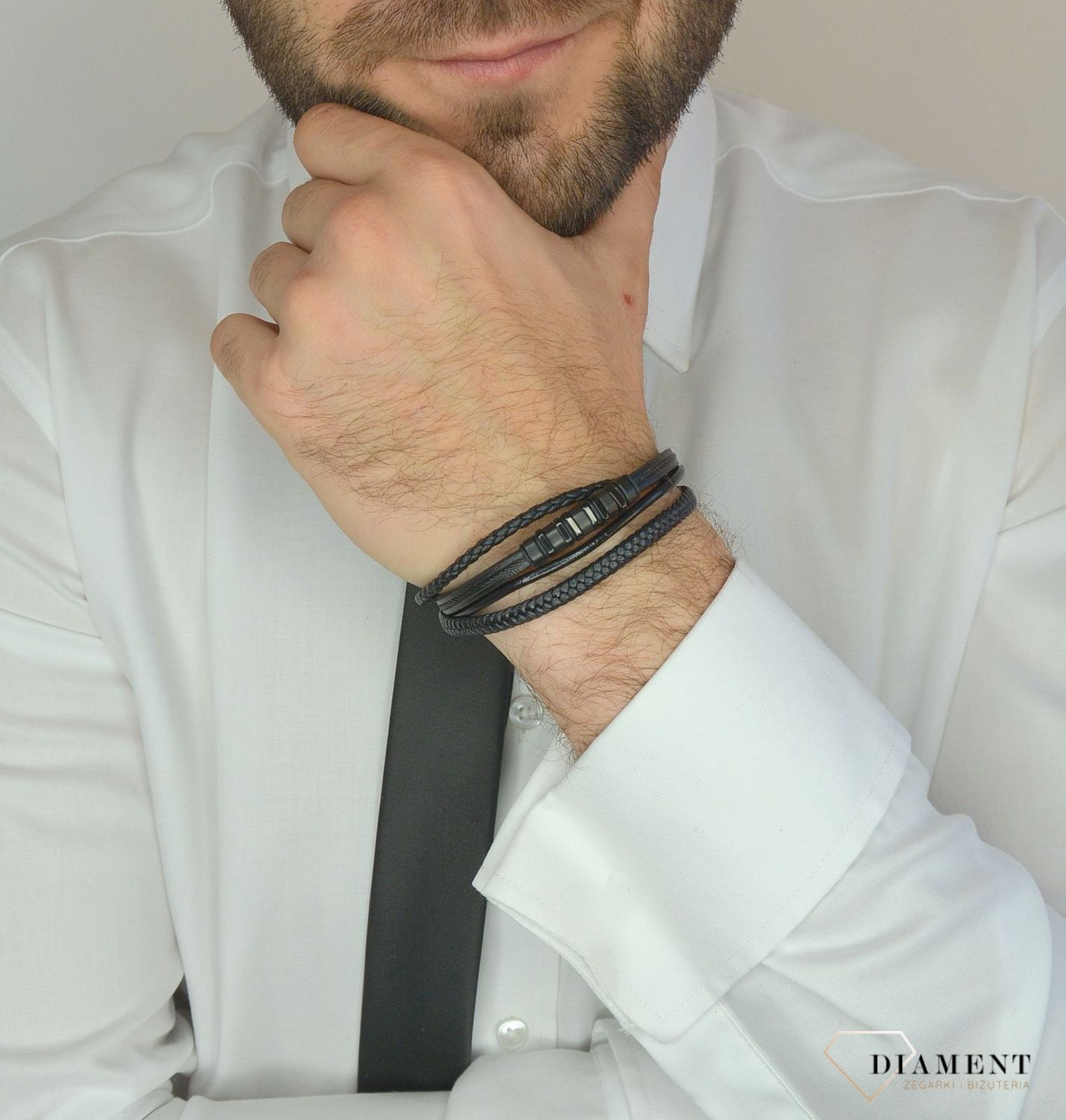 Bransoletka męska skórzana cztery plecionki ze stalą DIA-BRA-3007-STAL.jpg