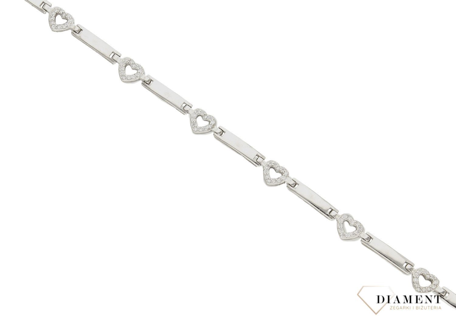 Bransoletka damska srebrna klasyczna z serduszkami DIA-BRA-3555-925. Delikatna bransoletka wykonana z najwyższej próby srebra 925 o modnym wzorze prostych elementów przeplatających się z serduszkami w cyrkoniach. Idealny pomy2.jpg