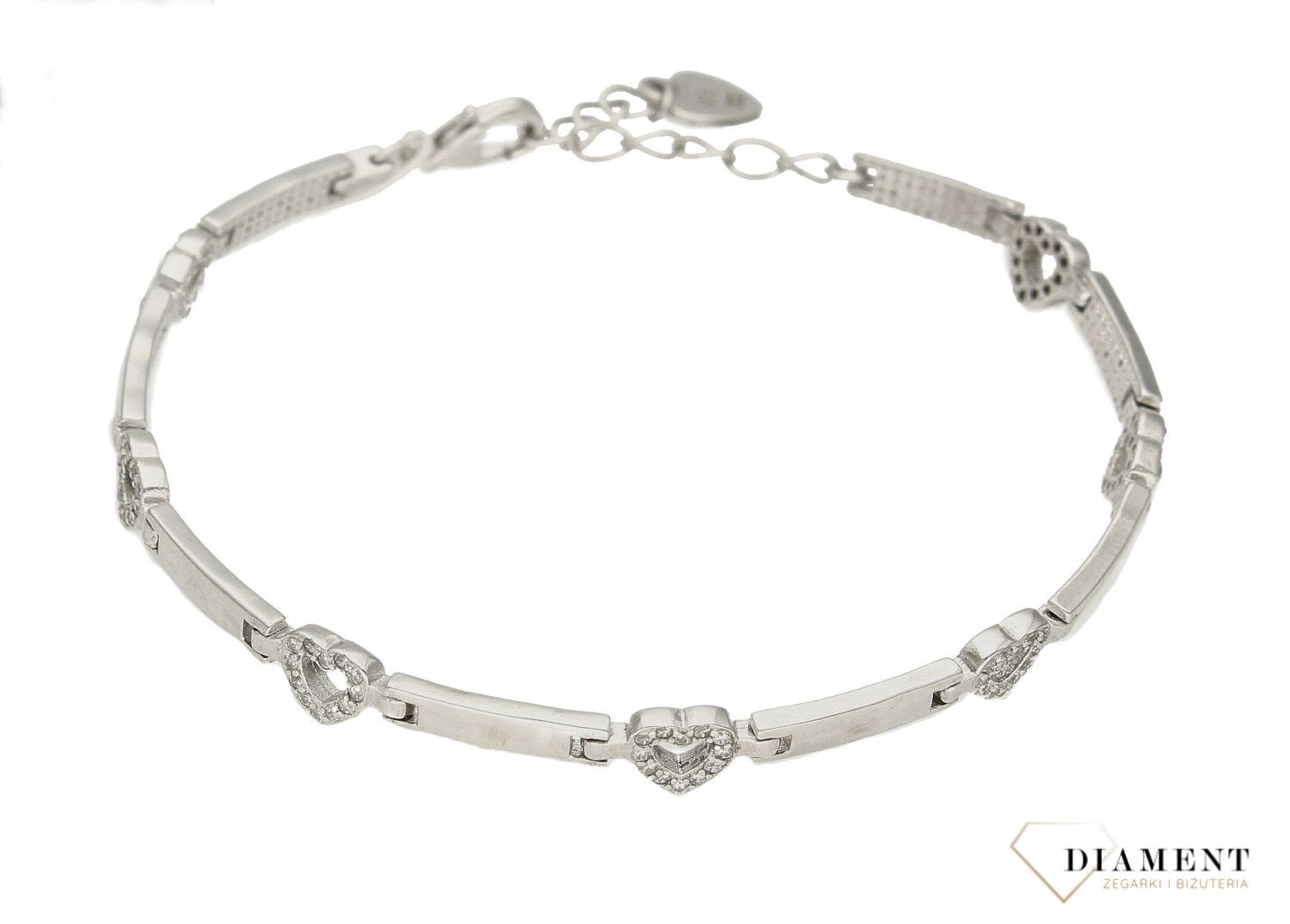 Bransoletka damska srebrna klasyczna z serduszkami DIA-BRA-3555-925. Delikatna bransoletka wykonana z najwyższej próby srebra 925 o modnym wzorze prostych elementów przeplatających się z serduszkami w cyrkoniach. Idealny pomy2.jpg