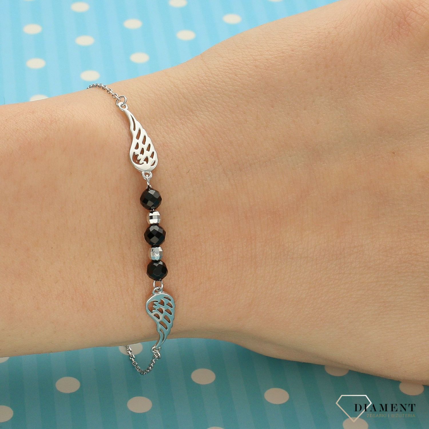 Srebrna bransoletka celebrytka dwa skrzydła z koralikami DIA-BRA-3577-925 (1).jpg