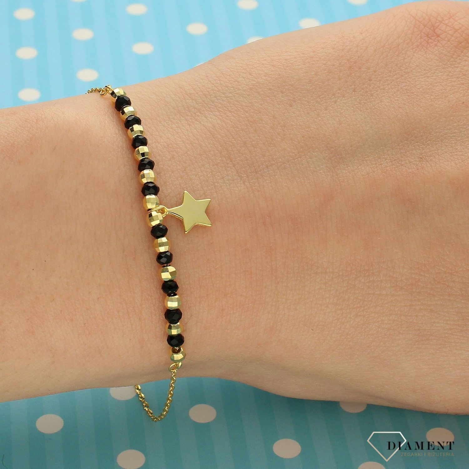 Srebrna bransoletka celebrytka pozłacana gwiazdka z koralikami DIA-BRA-3584-925 (1).jpg