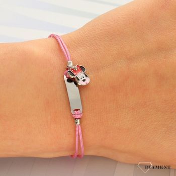 Bransoletka na różowym sznureczku dla dziewczynki Myszka Minnie DIA-BRA-3676-925. Modna bransoletka na różowym sznureczku z elementem srebrnym w postaci blaszki i bohatera kreskówek (1).jpg