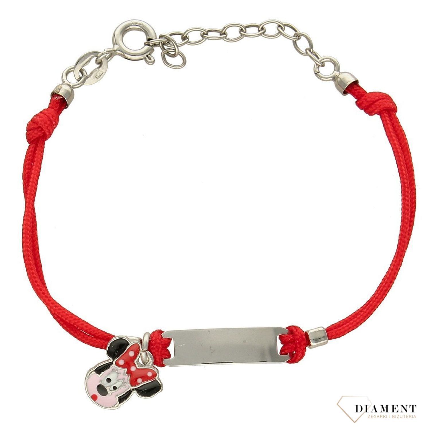 Bransoletka na czerwonym sznureczku dla dziewczynki Myszka Minnie DIA-BRA-3677-925. Modna bransoletka  na czerwonym sznureczku z elementem srebrnym w postaci (2).jpg