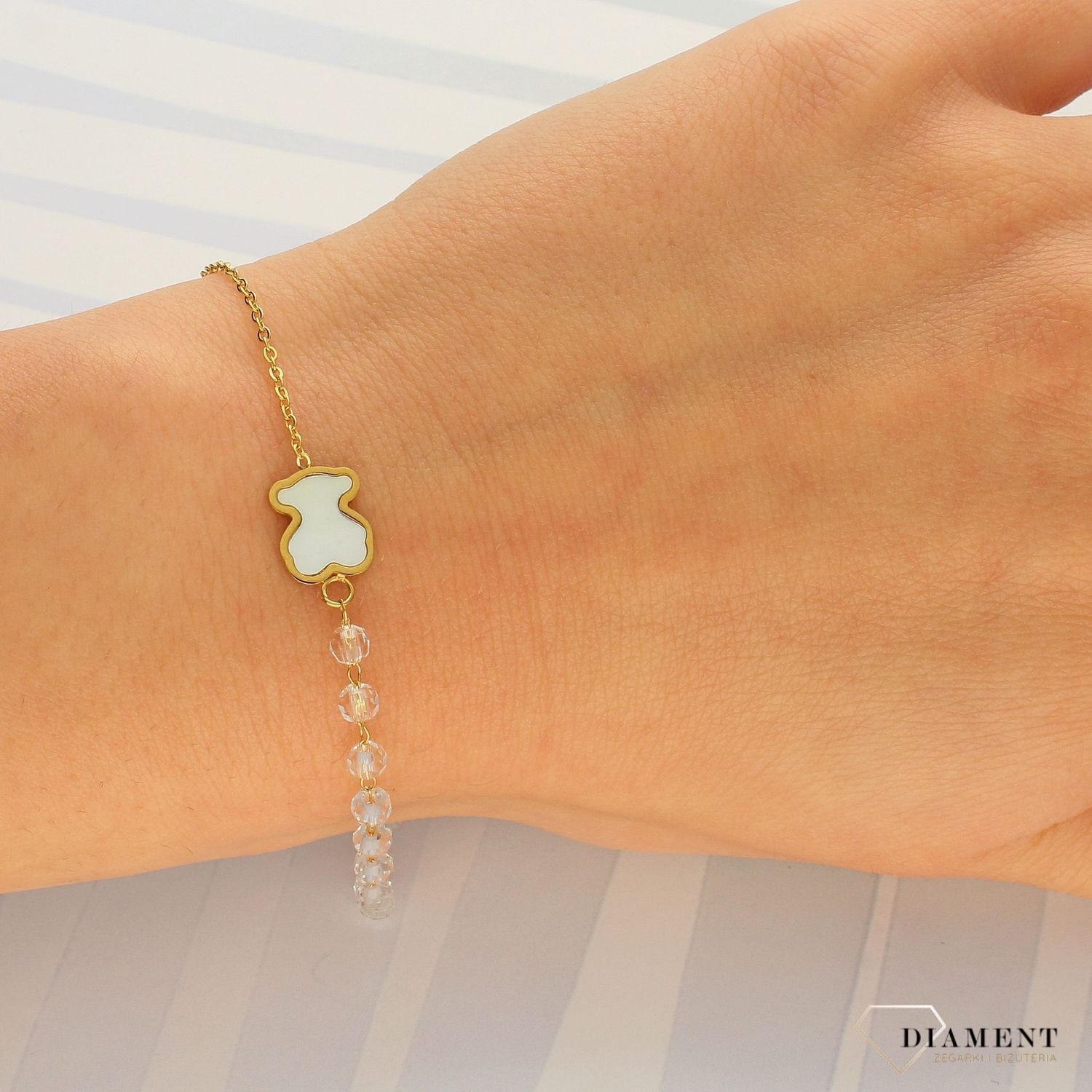 Bransoletka stalowa pozłacana 'Perłowy Miś i kryształki' DIA-BRA-3847-STAL💎 (1).jpg