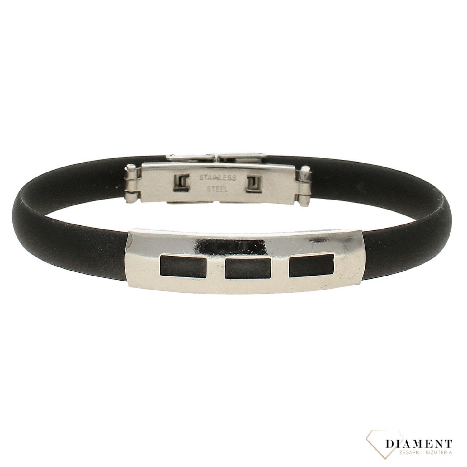 Bransoletka dla mężczyzny Czarny silikon z ozdobną blaszką do graweru DIA-BRA-3874-STAL.  (1).jpg
