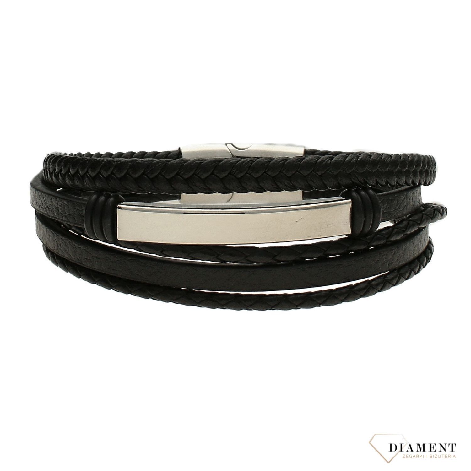 Męska bransoletka skórzana 'Napisz coś od siebie' z blaszką do graweru DIA-BRA-3884-STAL to skórzana bransoletka z blaszką z czarnej skóry. Stalowe zapięcie i blaszka do graweru sprawiają, że będzie to idealny preze.jpg