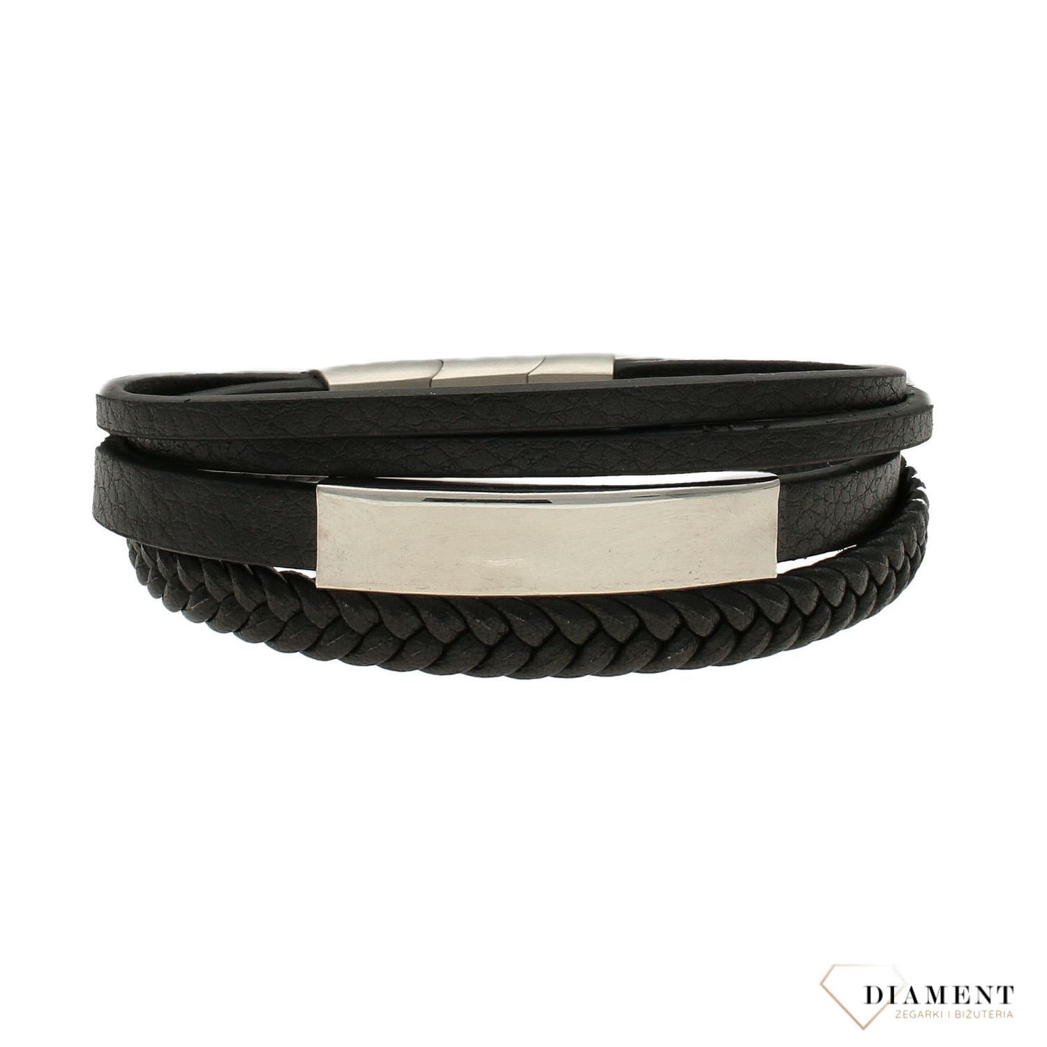 Bransoletka męska 'Napisz coś od siebie' z blaszką do graweru DIA-BRA-3890-STAL to skórzana bransoletka z blaszką z czarnej skóry. Stalowe zapięcie i blaszka do graweru sprawiają, że będzie to idealny prezent dla fa.jpg